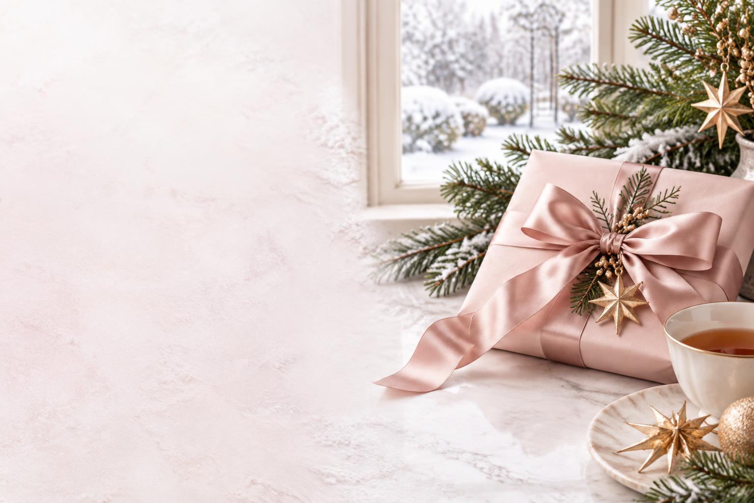 Blush-pink holiday gift with evergreen branches and gold stars beside a snowy window