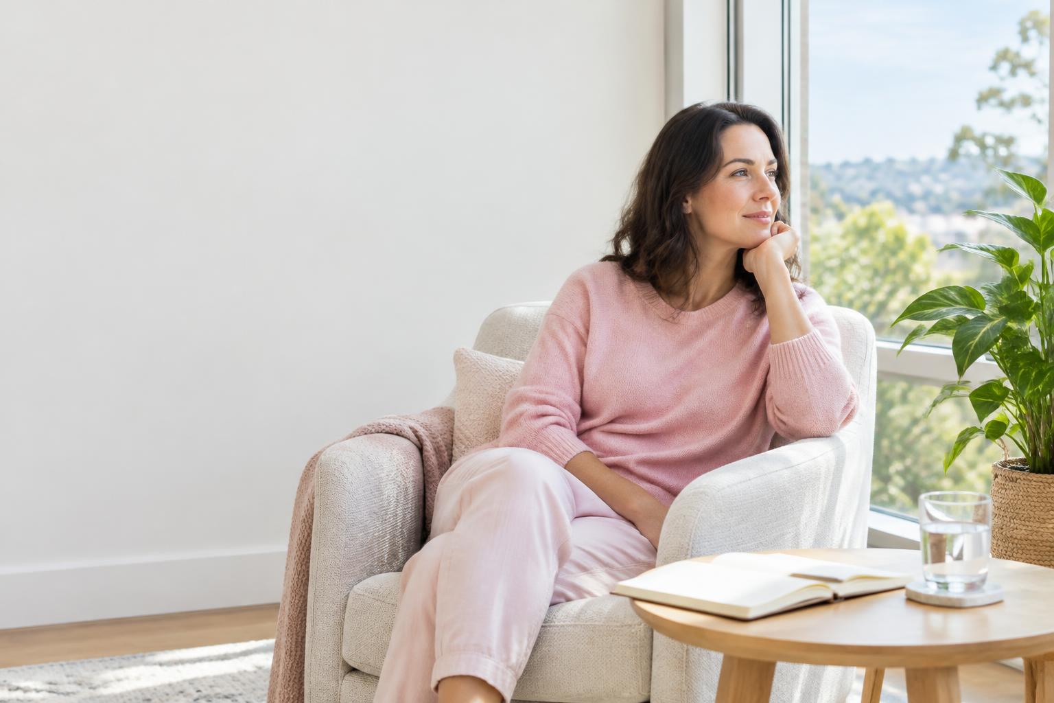 Woman resting comfortably beside a window with a notebook and water; illustrative photograph